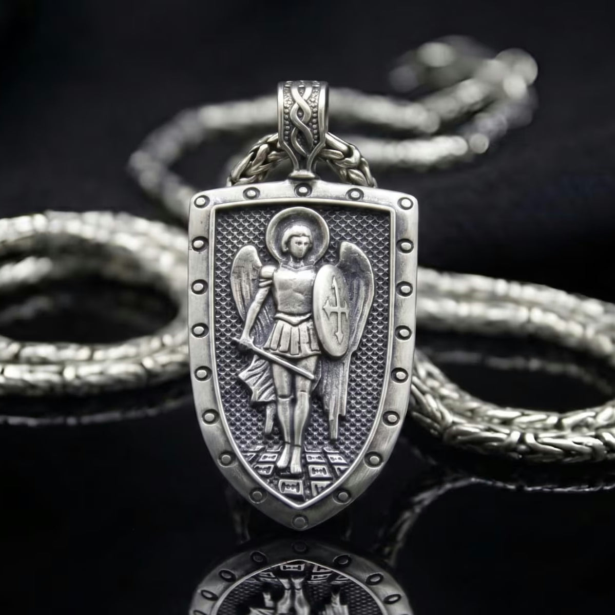 Saint Michael 925 Silver Shield Pendant, side profile