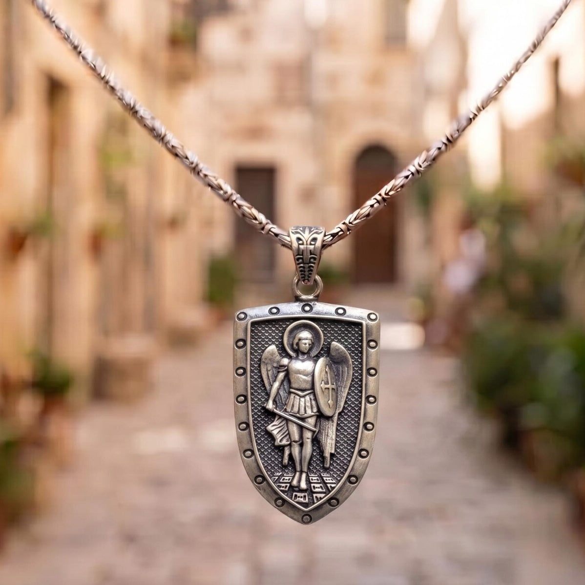 Saint Michael 925 Silver Shield Pendant, worn on a chain