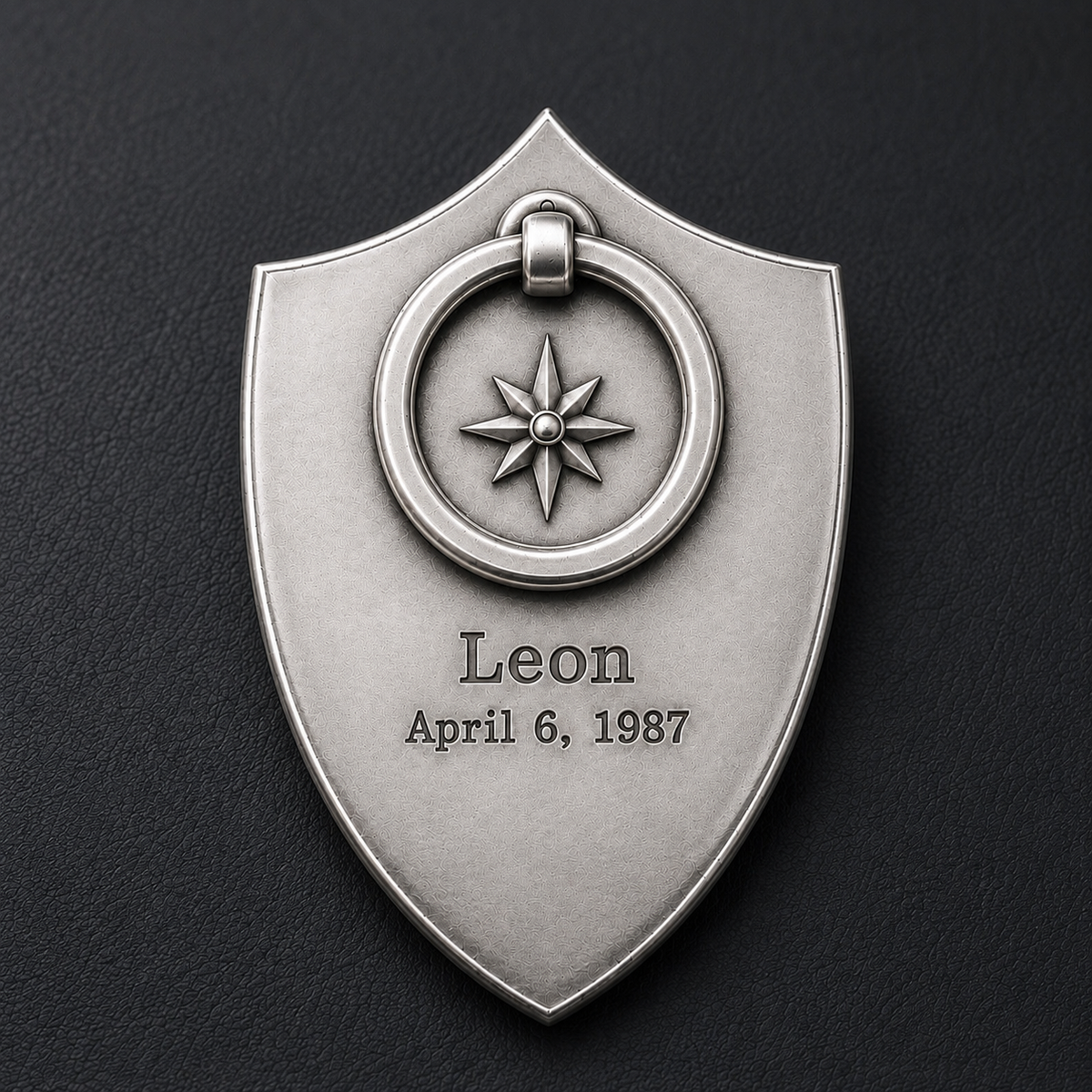 Shield keychain back with custom name and date engraving