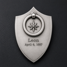 Shield keychain back with custom name and date engraving