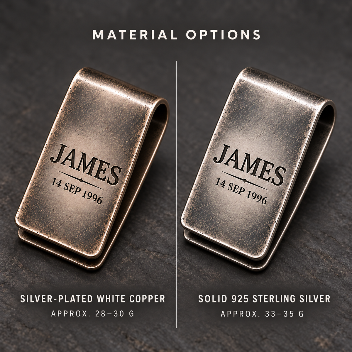Silver-plated white copper and solid 925 sterling silver money clip comparison