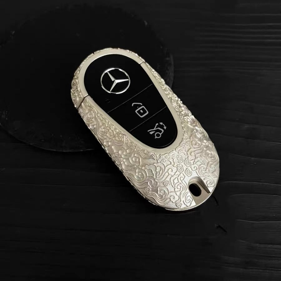Three-button layout (lock/unlock/trunk) on handcrafted 925 Sterling Silver Mercedes key fob