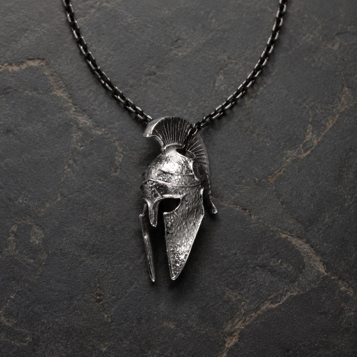 Spartan Helmet Talisman Pendant, worn on a chain