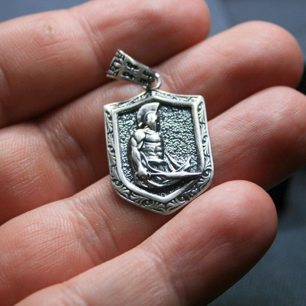 Spartan Shield & Sword Pendant, close-up detail