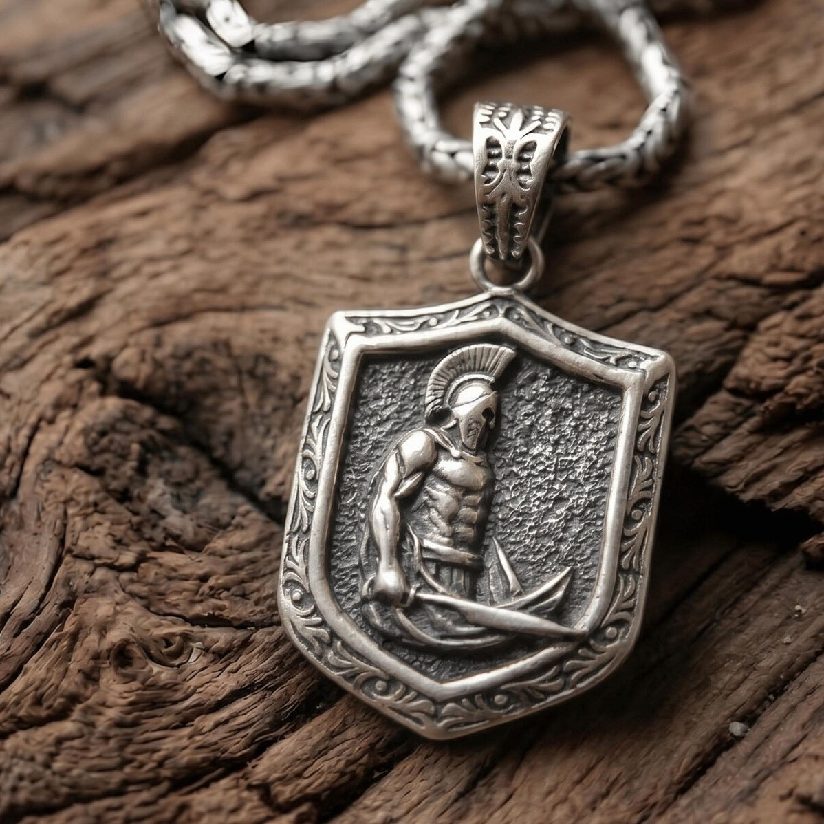 Spartan Shield & Sword Pendant, worn on a chain