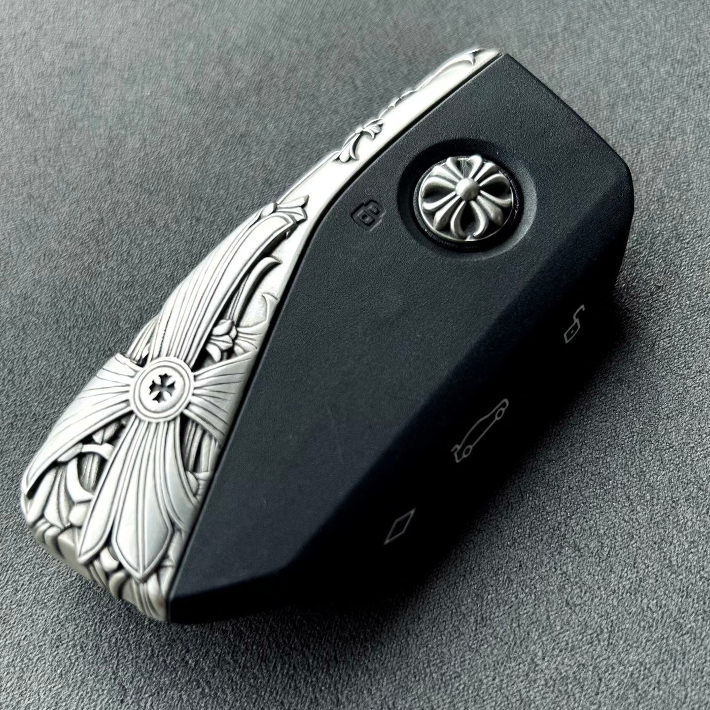 Sterling Silver BMW Key Case with faceted blade motif and floral scrollwork engraving