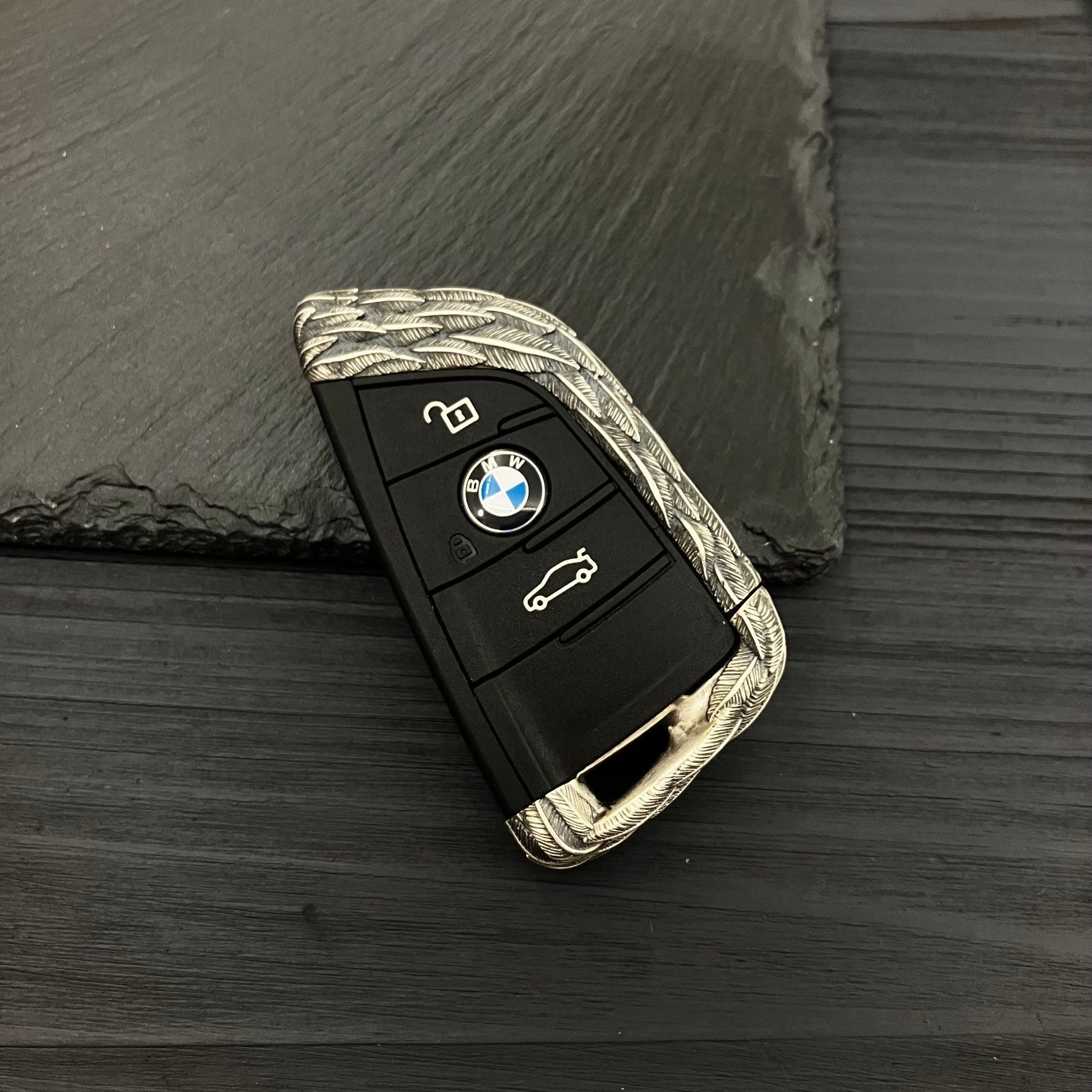 Sterling Silver BMW key case with feather texture engraving and original BMW emblem preserved