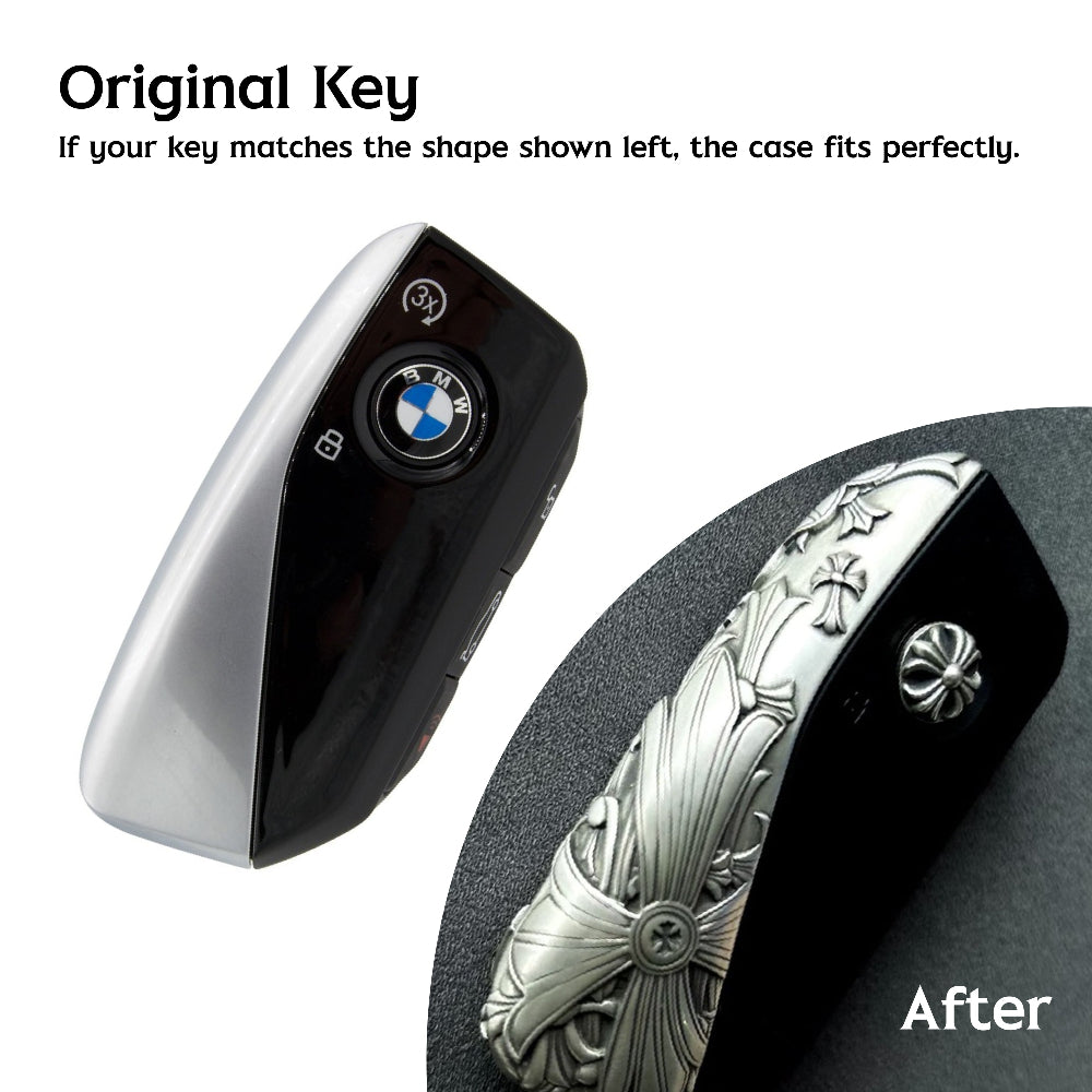 Top angle view of precision-crafted BMW key case with oxidized accent details