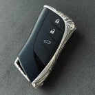 Top angle view of precision-crafted Lexus key case with oxidized accent details